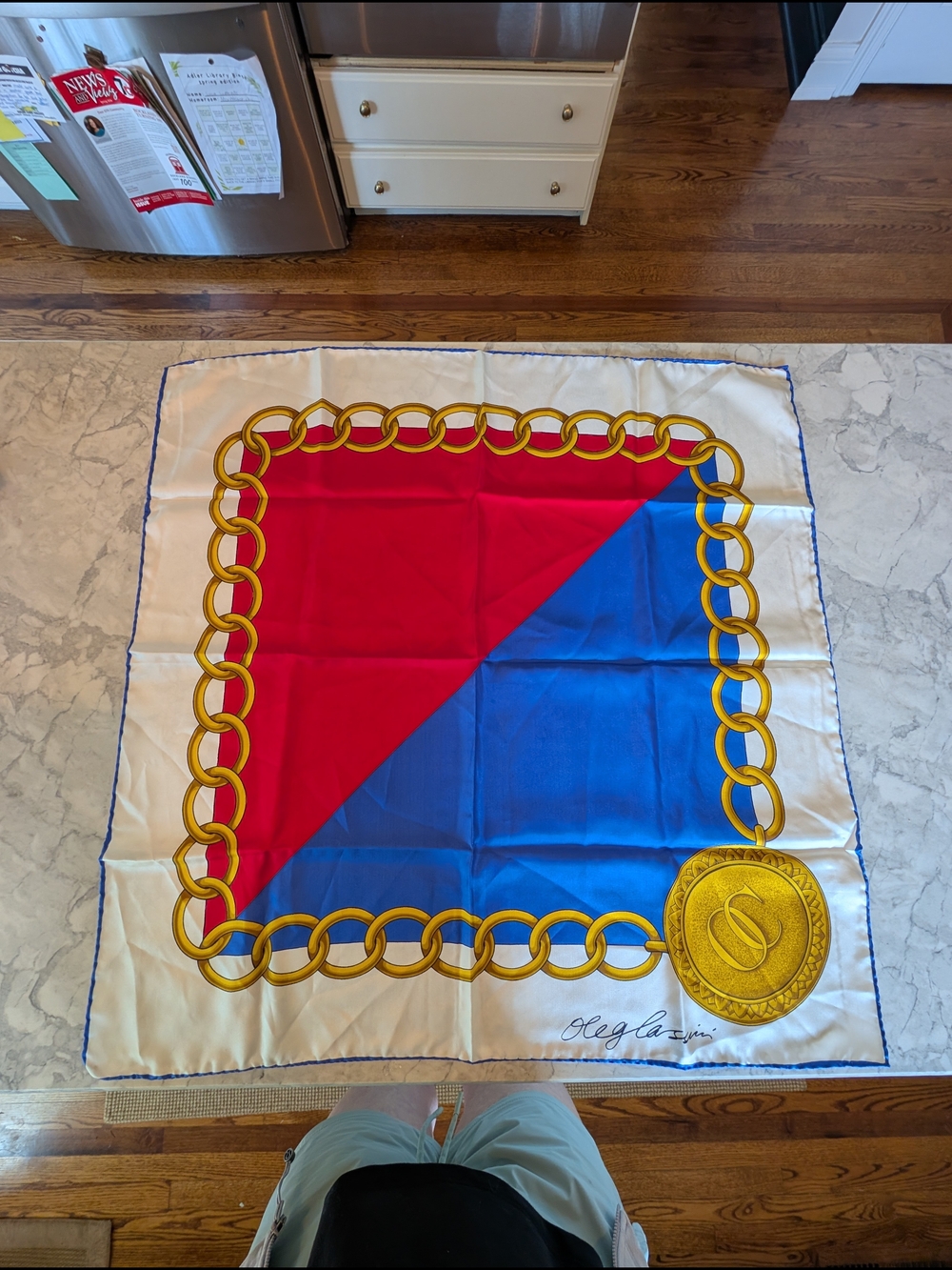 Oleg Cassini Silk Scarf with Gold Chain Motif